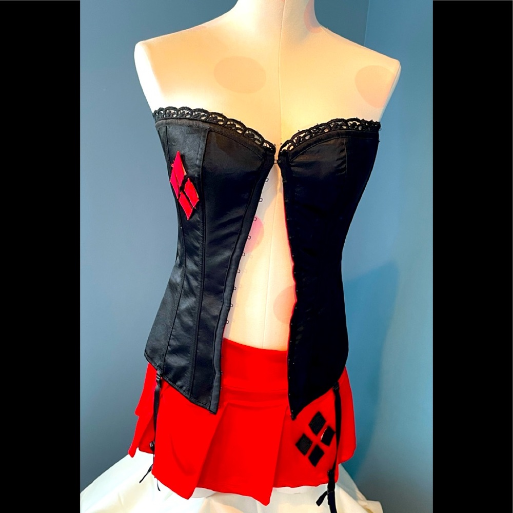 Harlequin costume, handmade, reversible corset from lovers lane & sm mini skirt